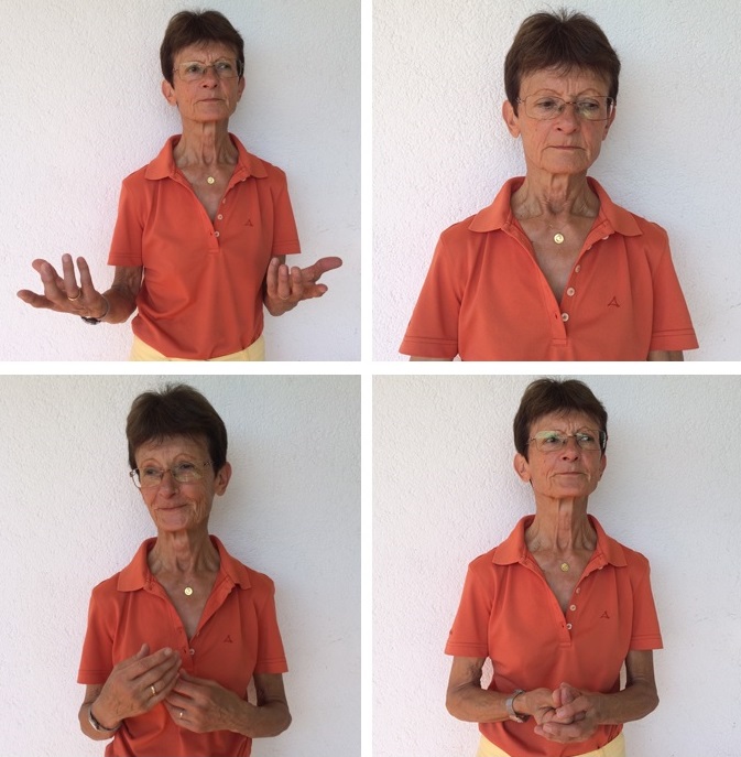 Das Foto zeigt vier Bilder einer ernst schauenden Frau, die verschiedene Gesten zeigt