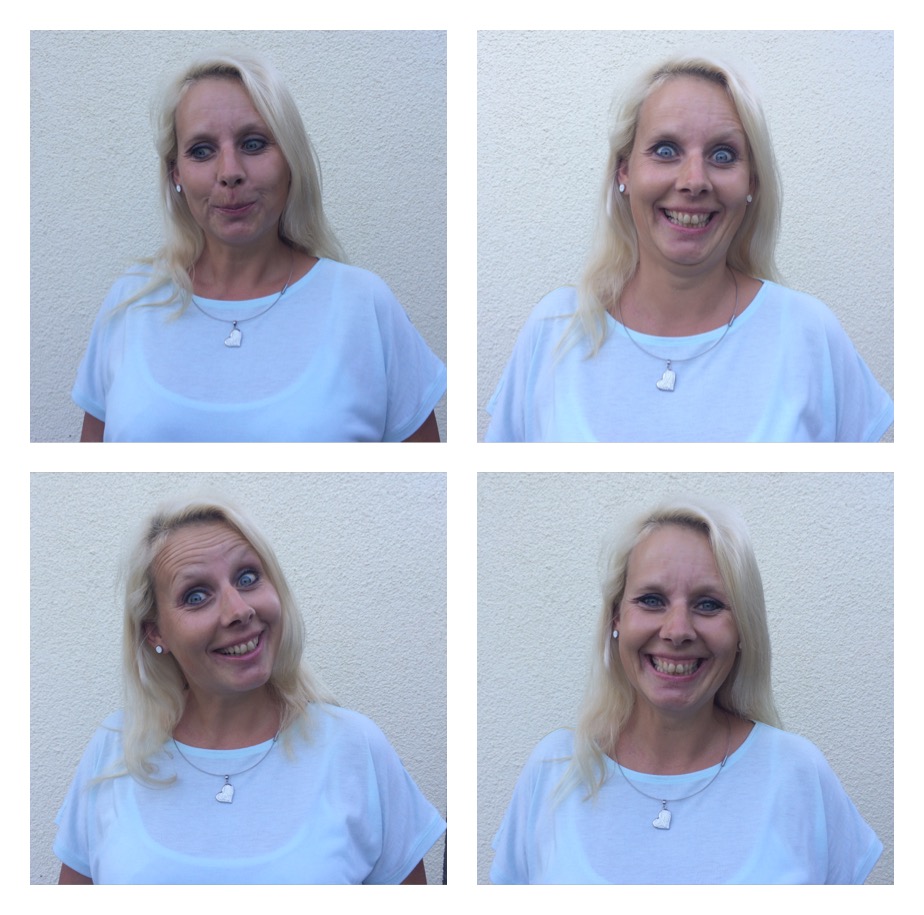 Das Bild zeigt vier Fotos einer Frau, die verschiedene Gesichtsausdrücke macht