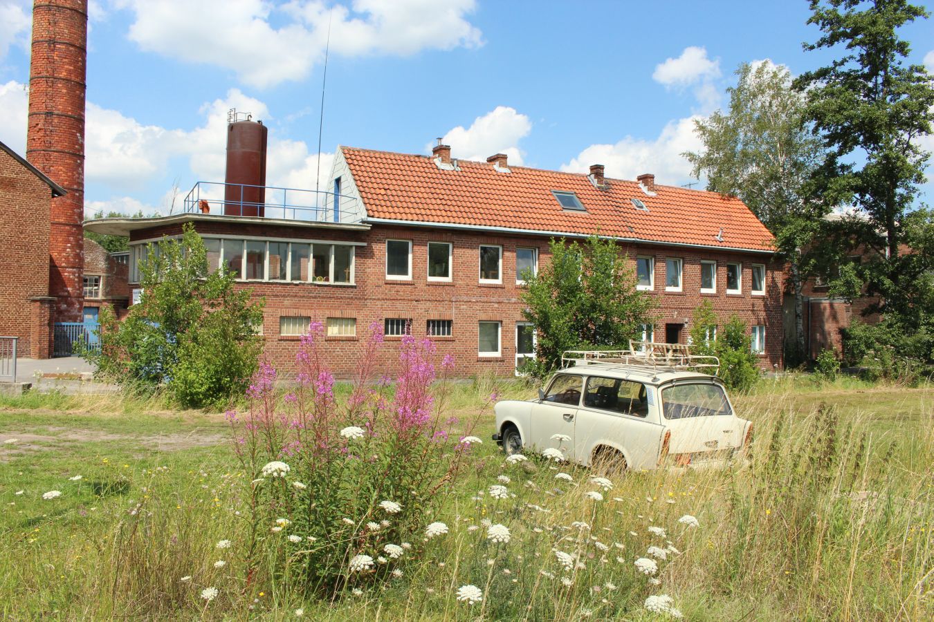 Das Foto zeigt ein Haus mit Garten und einem Auto