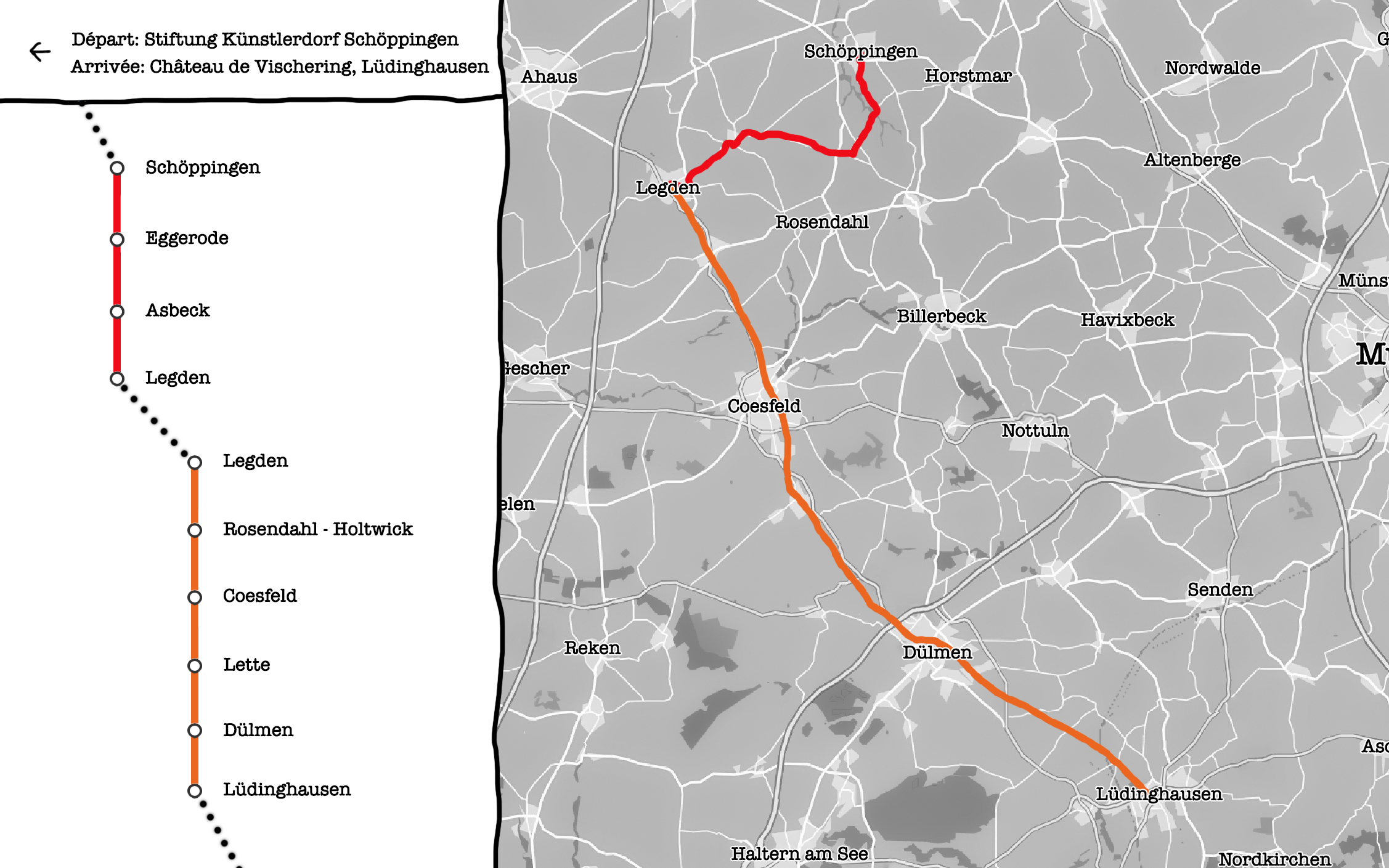 Drawn map of the way from Schöppingen to Lüdinghausen.